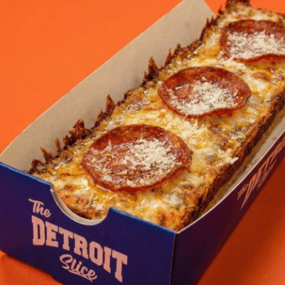 Detroit-style pepperoni pizza in a The Detroit Slice box